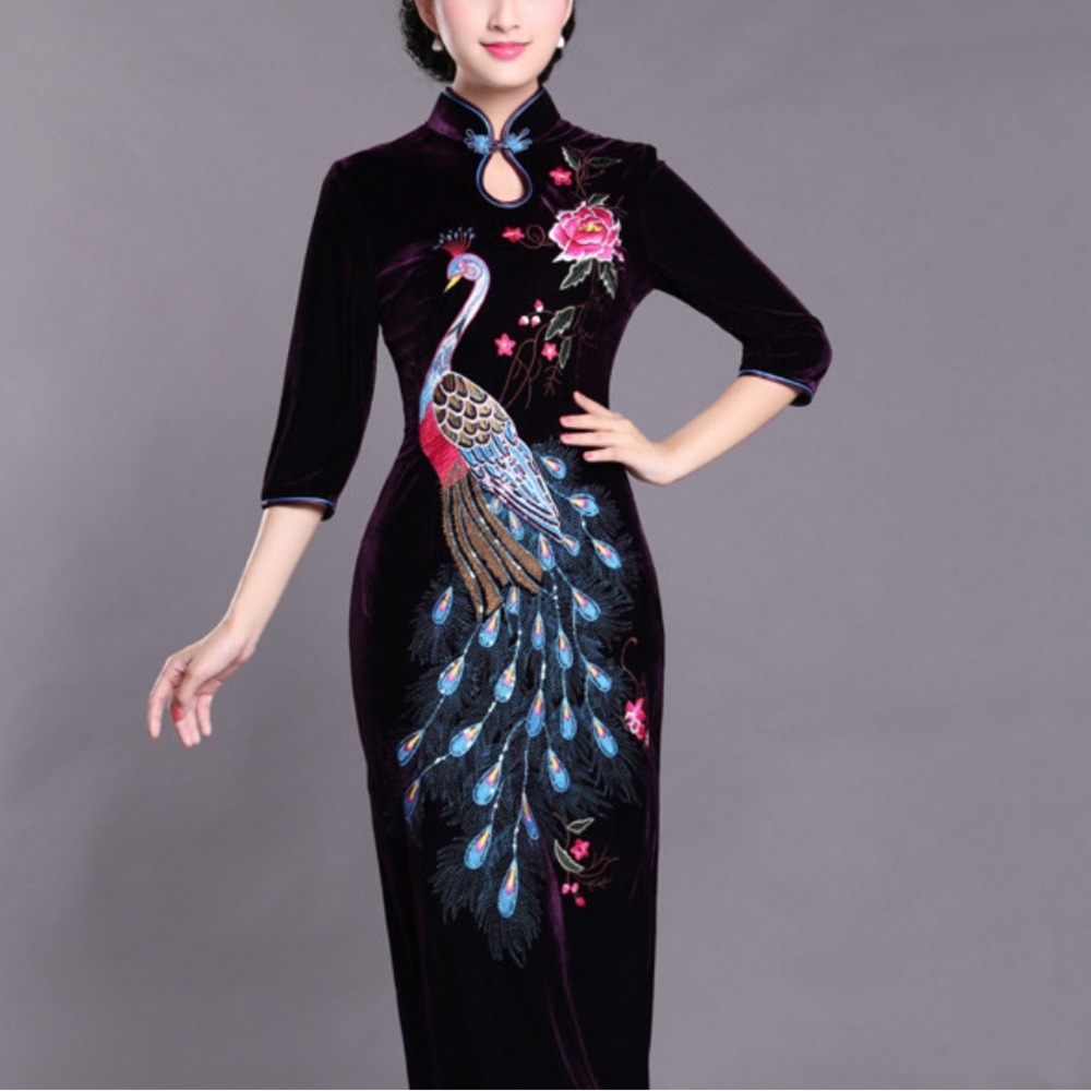 Luxurious phoenix embroidered purple long cheongsam velvet Chinese qipao size M